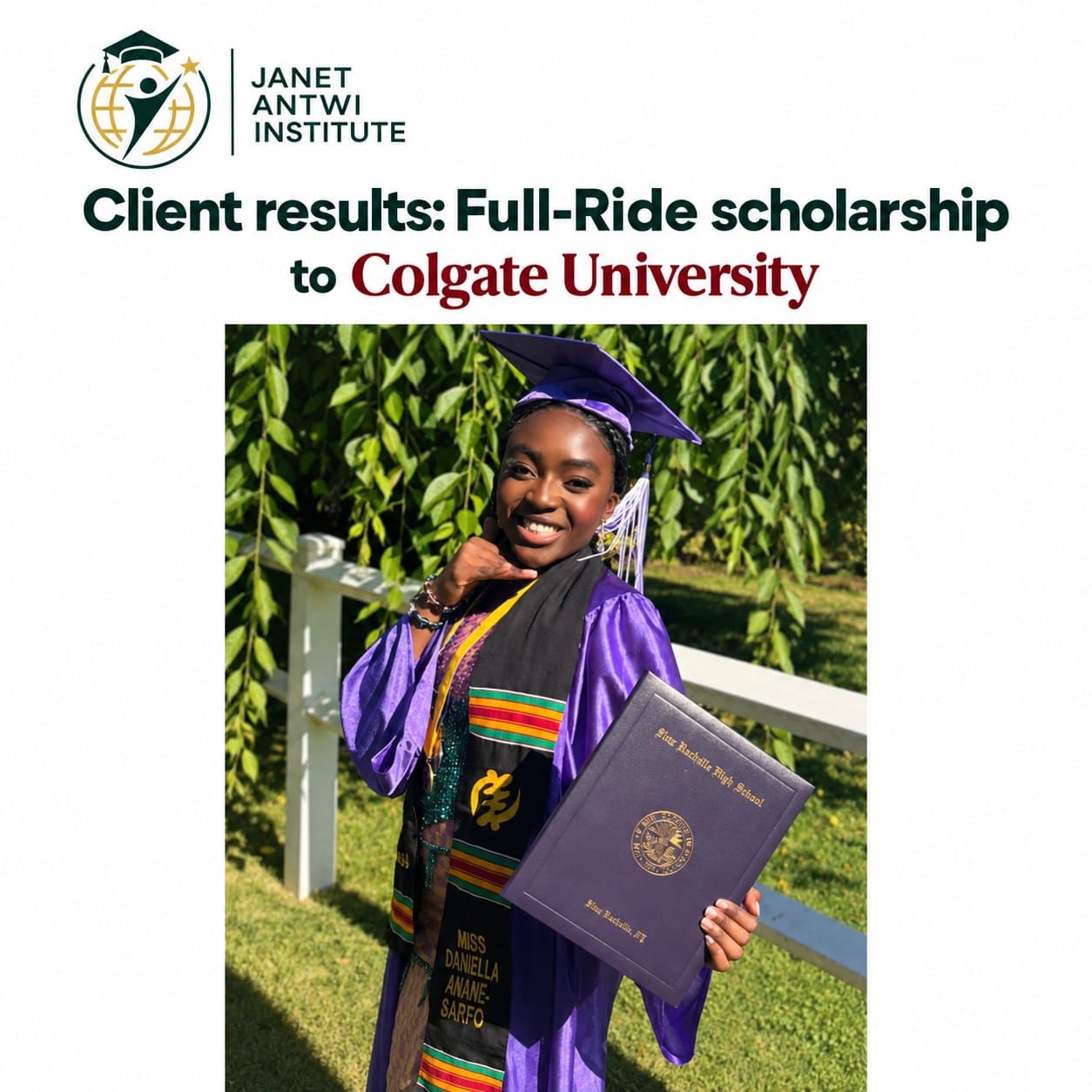 A graduate in a purple cap and gown — full-ride scholarship to Colgate University