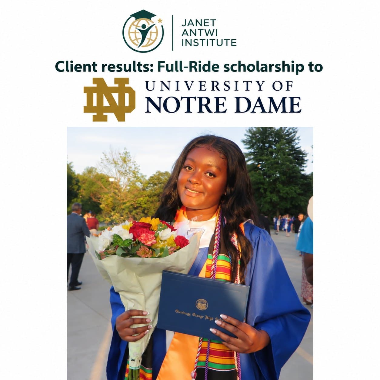 A graduate holding flowers and a diploma — full-ride scholarship to the University of Notre Dame