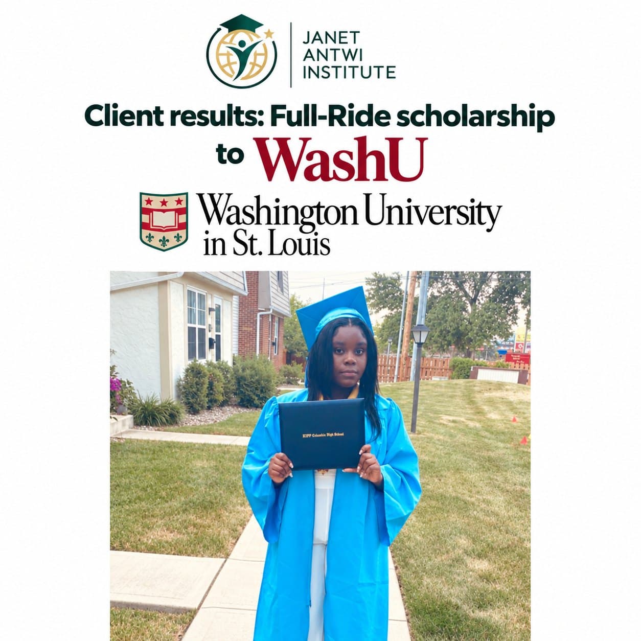 A graduate in a blue cap and gown holding a diploma — full-ride scholarship to Washington University in St. Louis